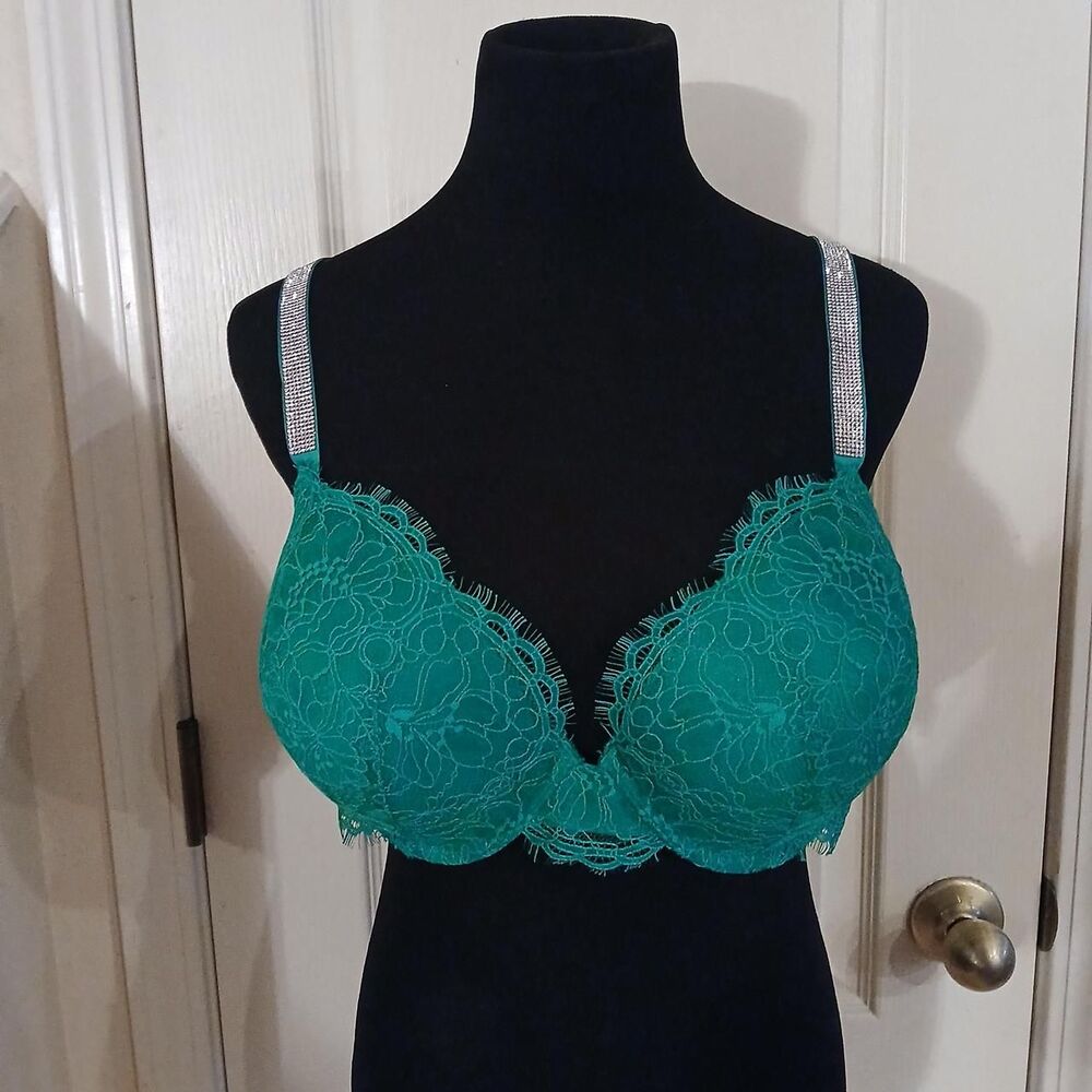 Y2K Mcbling Victoria's Secret Very Sexy Green Lace Shine Strap Push-Up Bra 38DD
